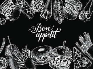 Ink hand drawn background of various burgers, hot dog, burrito, French fries, donut, pizza, churros, bagel. Food elements collection for menu or signboard design. Vector illustration. - 366025529