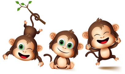 Monkeys animal characters vector set. Monkey kids animals little character in happy smiling facial expression with different pose and gestures for design elements. Vector illustration