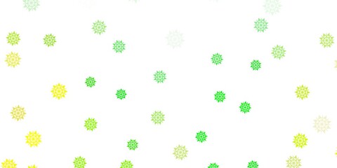 Light green, yellow vector beautiful snowflakes backdrop with flowers.