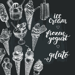 Ink hand drawn background with different types of ice cream, italian dessert gelato. Food elements collection for menu or signboard design. Vector illustration with brush calligraphy style lettering. - 366025719