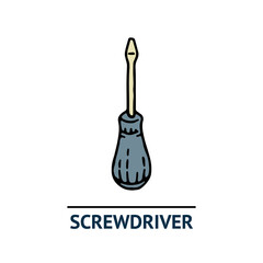 Hand drawn screwdriver icon. Professional labor construction tool with blue, beige and black colors