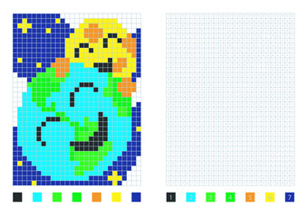 Pixel Earth planet and moon in the coloring page with numbered squares, vector illustration