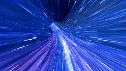 Wormhole straight through time and space, warp straight ahead through this science fiction. Abstract jump in space in hyperspace among stars. Data tunnel shuttle. Blue purple colorful. 3d rendering