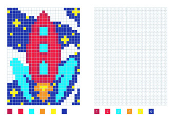 Pixel rocket in the coloring page with numbered squares, vector illustration
