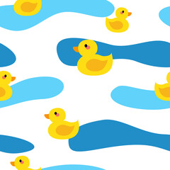 Yellow Rubber Duck with Blue Waves Seamless Vector  Pattern.