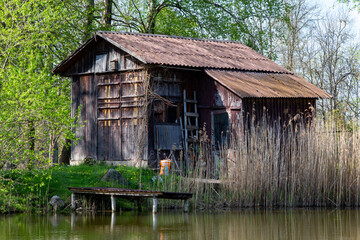 Old barn on the shore of the pond. Lake in the park. Reflection on the water. Park in the spring. Grass, bushes and trees. Quiet place. A place for walking and relaxing. In the country. Walk outdoors.