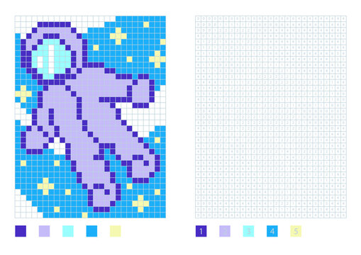 Pixel cosmonaut in the coloring page with numbered squares, vector illustration