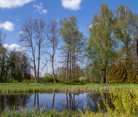 Old barn on the shore of the pond. Lake in the park. Reflection on the water. Park in the spring. Grass, bushes and trees. Quiet place. A place for walking and relaxing. In the country. Walk outdoors.