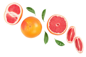 Grapefruit and slices with leaves isolated on white background. Top view. Flat lay. With clipping path