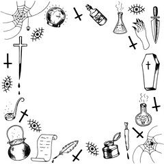 Round frame magic witch items doodle black. Magic ball dagger cauldron potion spell. Halloween social media design postcards. Stock vector hand drawn illustration isolated on transparent background.