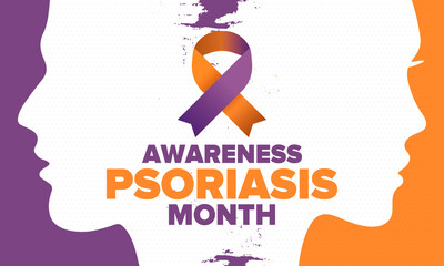 Psoriasis Awareness Month in August. Educate, inform, prevention in United States. Dermatology, skin body problems. Health care. Orchid and Orange ribbon. Poster, card, banner and background. Vector