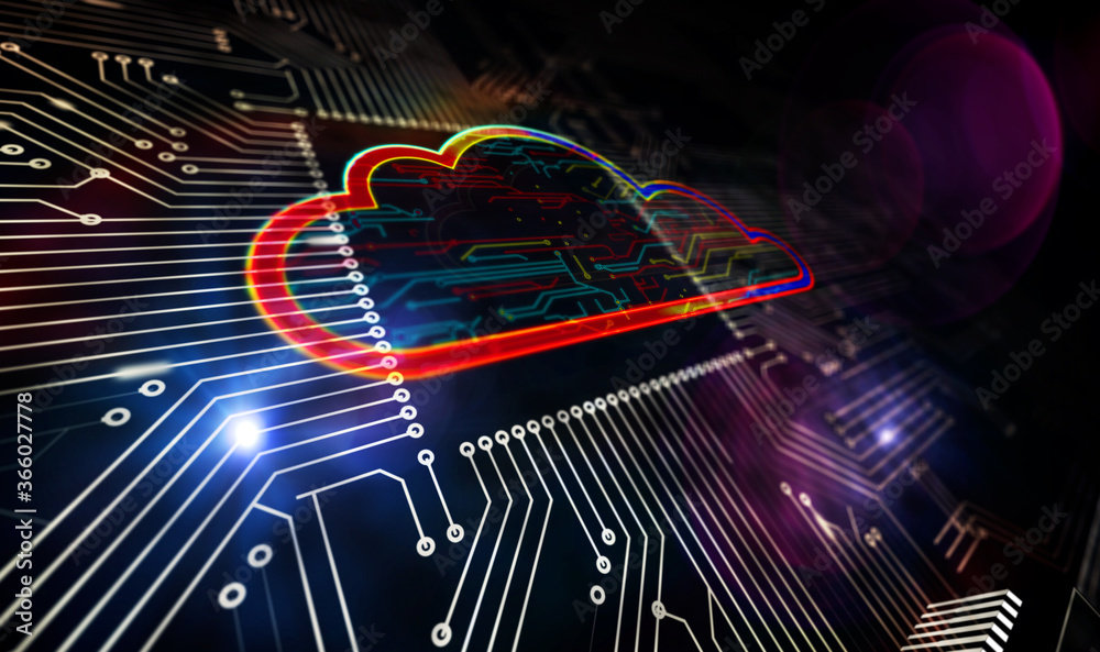 Wall mural processor factory with laser burning of cyber computing cloud symbol illustration