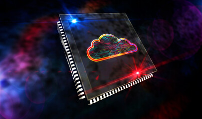 Processor factory with laser burning of cyber computing cloud symbol illustration