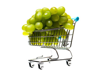 Big cluster of white fresh grapes in a metal shopping cart on white. Online shopping and purchasing...