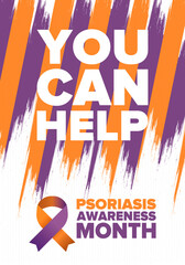 Psoriasis Awareness Month in August. Educate, inform, prevention in United States. Dermatology, skin body problems. Health care. Orchid and Orange ribbon. Poster, card, banner and background. Vector