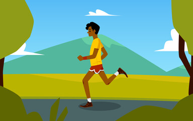 Cartoon sprinter running in summer nature with mountain hill landscape