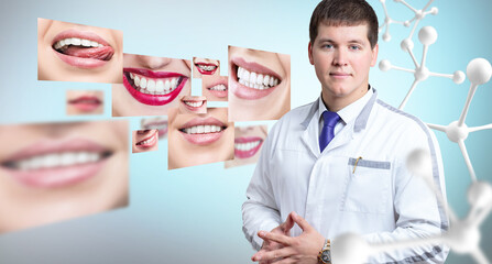 Young dentist doctor near collage of healthy beautiful smiles.