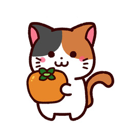 柿を持ったかわいい三毛猫のキャラクター