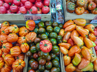  Boxes of vegetables-colorful tomatoes, peppers with price tags