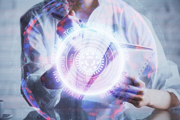 Fototapeta na wymiar Tech theme hologram over woman's hands taking notes background. Concept of hightech. Double exposure