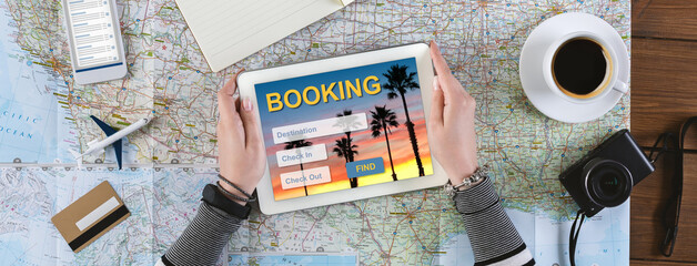 Woman Using Tablet Booking Hotel In Office, Collage, Top View