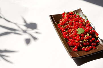 Hard shadow concept, red currant lies in a brown rectangular plate. Selective focus, horizontal image