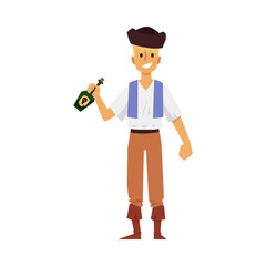Cartoon pirate man with bottle of rum - young boy in hat and marine costume