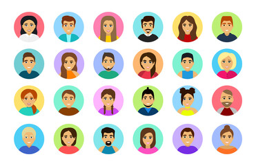 Set of avatars profile. Male and female portraits. Men and women avatar account. Vector flat icon.