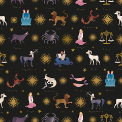 Seamless pattern of zodiac signs medieval style. Gift wrap background