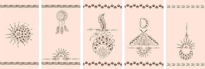 Boho Social Media Stories Layout. Vector set of linear template in ethnic style for womanly profile, social media, mobile app. Trendy boho stories with moon, sun, dreamcatcher, ornament, arrow