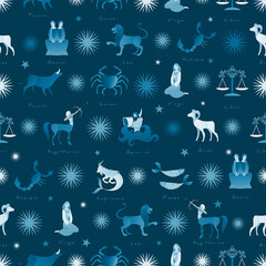 Fototapeta premium Seamless pattern of zodiac signs medieval style. Gift wrap background