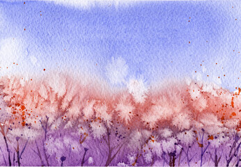field with dandelions, stems. watercolor background. summer. drops of spray, splashes of water. blue sky.