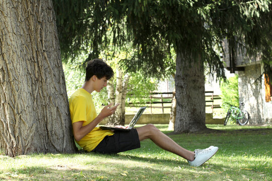 male teenager  use a laptop  lying on the grass leaning against a tree with copy space for your text