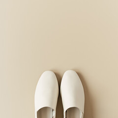 Fashion collage with women's white leather slippers on neutral beige. Minimal flat lay, top view lifestyle concept.