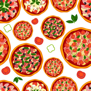 Seamless pattern of delicious hand-drawn pizzas. Pizzas and ingredients isolated on a white background.You can use it for packaging paper and for design elements.Vector illustration.