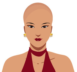 Beautiful asian bald-headed woman with alopecia isolated illustration