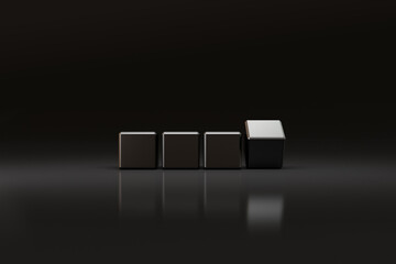 Black dice form with copy space on dark background. Realistic 3D Illustration.