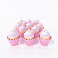 Cupcakes 3d illustration. Dessert bar. Birthday party. Anniversary. Cupcakes with different flavors. Celebration background.