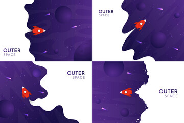 Vector illustration. Backgrounds set. Space exploration. Cosmos with rocket. Violet cosmic wallpapers with stars. Template for gift card, banner, poster. Website or game layout. Landing page design.  © VVadi4ka