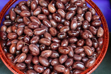 Greece, Athens, July 18 2020 - Stall with Kalamata or Kalamon olives at street market.