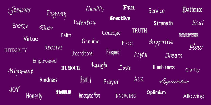 Many positive words on a wall on purple background.