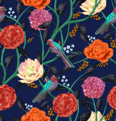 Fototapeta na wymiar .Birds on branches with flowers and berries in an Asian style. Seamless pattern. Stock illustration