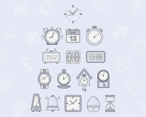 Watch Icons set - Vector color symbols and outline of watch, stopwatch, hourglass, timer, wristwatch, calendar for the site or interface