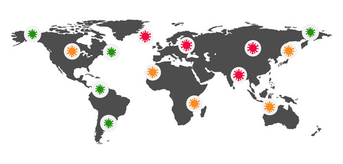 World map for coronavirus statistics. Quarantine illustration. Colorful signs on a world map.