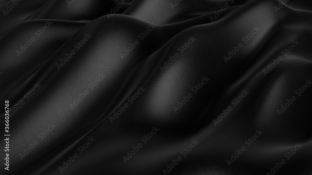 Poster black wavy satin silk abstract background with folds and waves. luxury black cloth background. 3d re