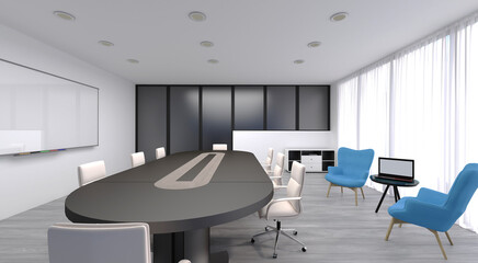 Fototapeta na wymiar A concept of an office and how it can be simply decorated. A light plays the main role in an office space. Modern interior idea with interesting details. It is clean, relaxing and motivational.
