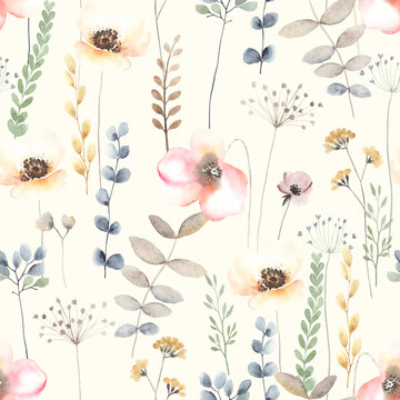 Watercolor floral seamless pattern with colorful wildflowers, leaves and plants. Garden illustration in vintage style on ivory background.