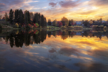 autumn rural landscape at susnset