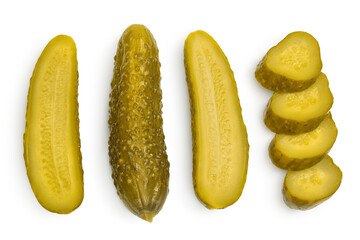 Marinated pickled cucumber isolated on white background with clipping path and full depth of field. Top view. Flat lay
