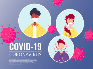 Group of people with symptoms of the disease and viruses. Coronavirus, Prevention, Epidemic, Medicine, Health care, Quarantine concept. Vector illustration for poster, banner, flyer, cover.
